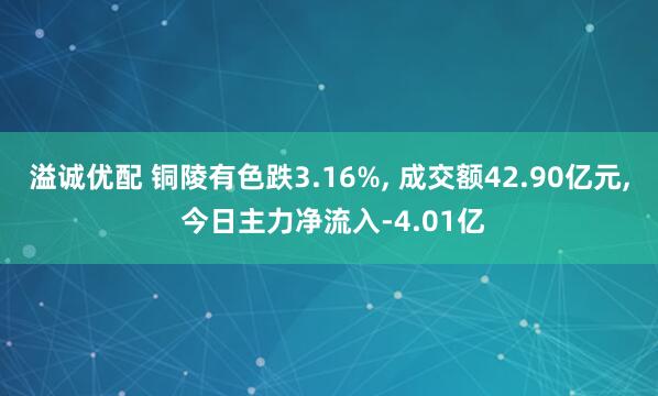 溢诚优配 铜陵有色跌3.16%, 成交额42.90亿元, 今日主力净流入-4.01亿